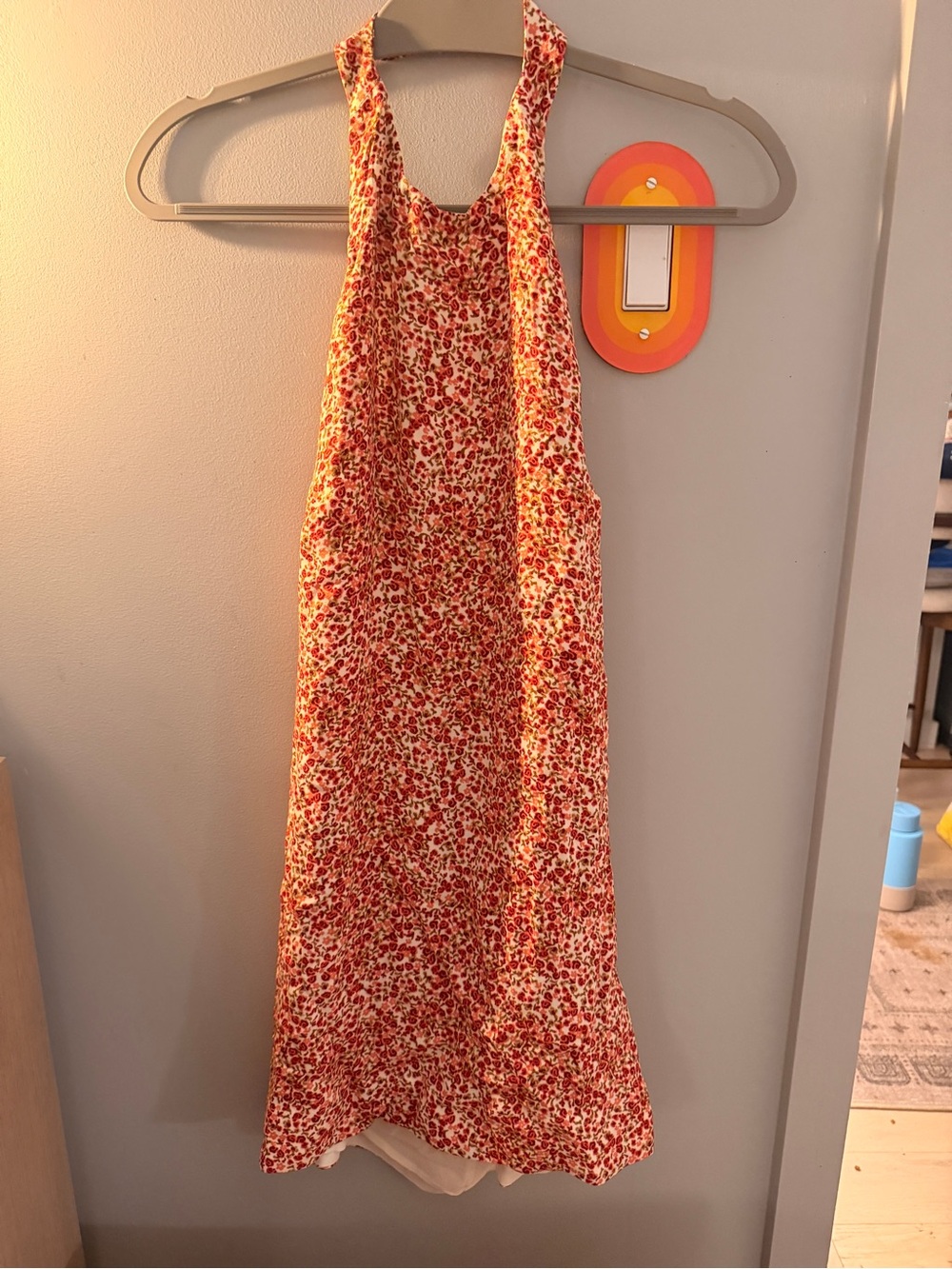 Reformation Red & Cream Backless Floral Halter Dress